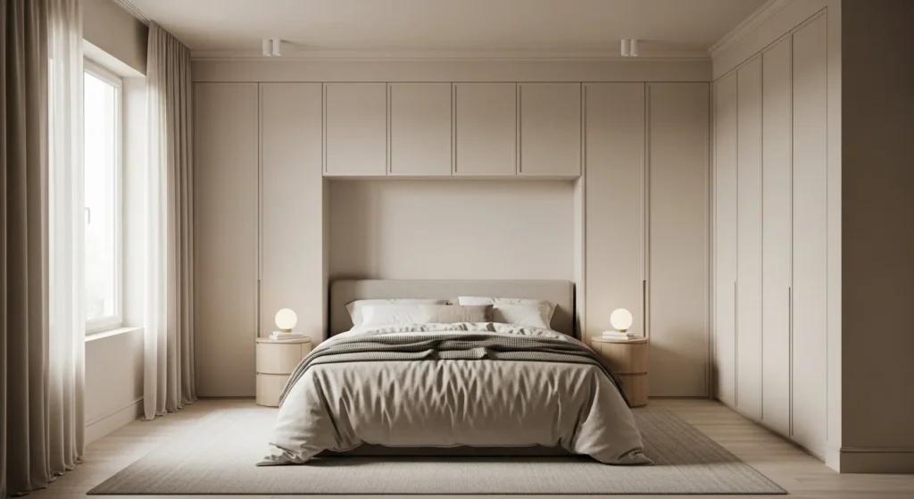 Neutral bedroom featuring seamless built-in storage cabinets and a clutter-free layout