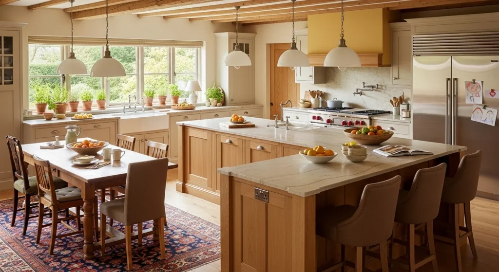 Cozy family kitchen with open layout, shared seating, warm tones, and inviting home energy
