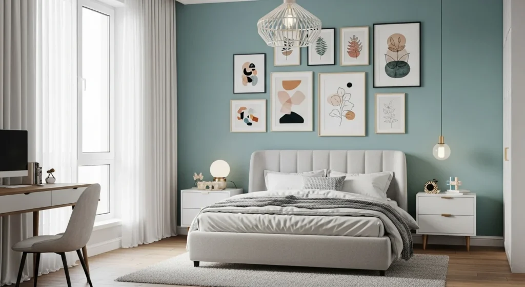 bedroom featuring framed artwork, creative decor accents, and a relaxed modern atmosphere