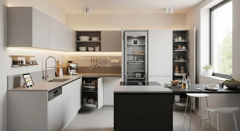 Small modern kitchen featuring smart storage solutions and a clean, functional layout