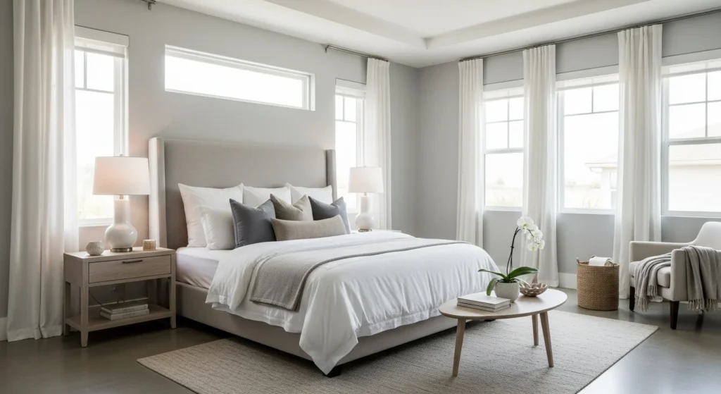 Calm spa-inspired master bedroom with soft neutral colors, minimal decor, and a peaceful atmosphere
