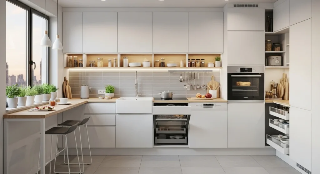 Small modern kitchen with smart storage solutions, clean layout, and bright lighting