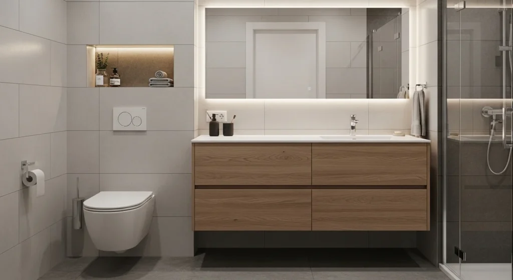 Small bathroom with floating vanity, smart storage solutions, and clean modern layout
