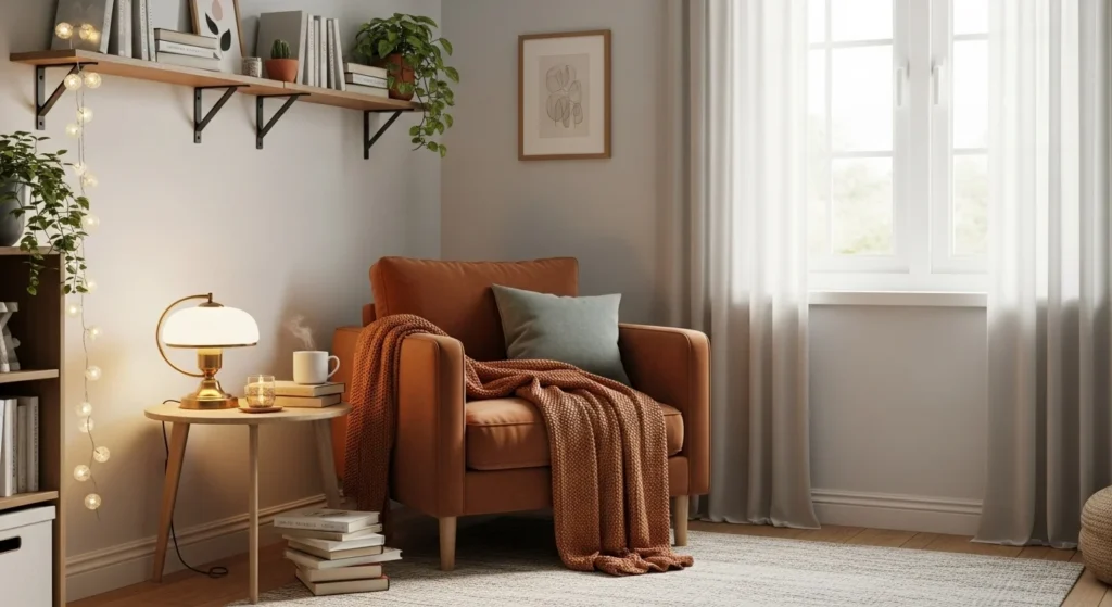Small bedroom with a cozy reading corner, compact chair, and warm ambient lighting