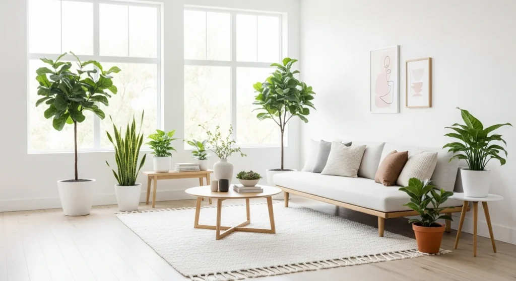 White living room decorated with indoor plants adding freshness and natural contrast