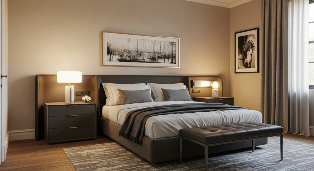 Neutral bedroom with plush upholstered bed, soft textures, and warm ambient lighting