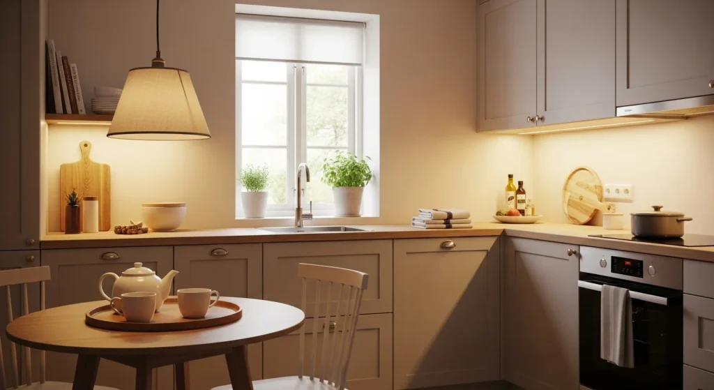Cozy kitchen designed as a comfort sanctuary with soft neutral colors, warm lighting, and peaceful mood