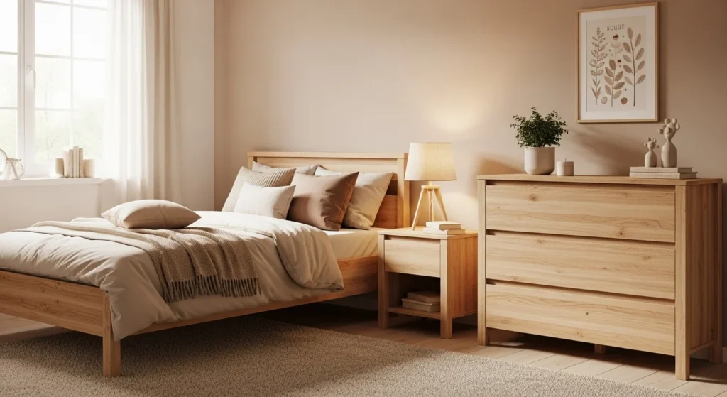 Girls bedroom featuring natural wood furniture, beige tones, and warm dayligh