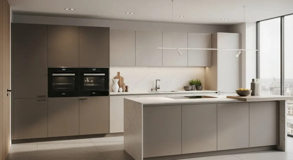 Modern kitchen with matte finish cabinets in neutral tones and a calm contemporary style