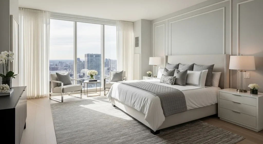 Elegant master bedroom featuring floor-to-ceiling windows, sheer curtains, and abundant natural light