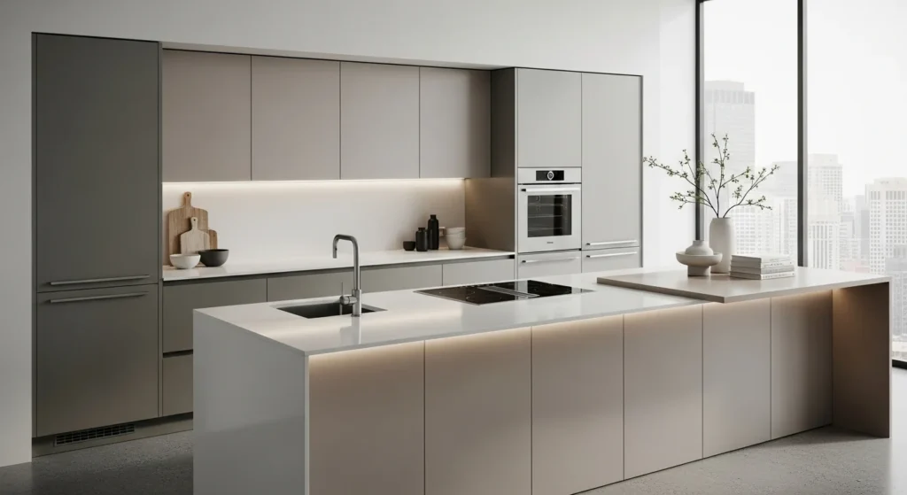Modern kitchen featuring matte finish cabinets in neutral tones with a refined contemporary look