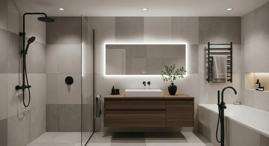 Modern bathroom featuring matte black fixtures paired with neutral tiles