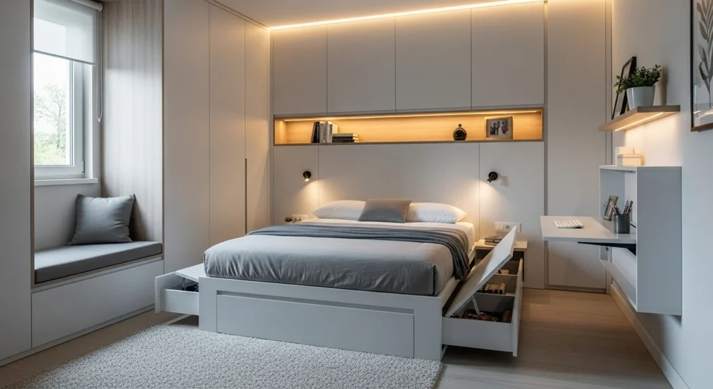 Small bedroom designed with hidden storage compartments for a clean and uncluttered look