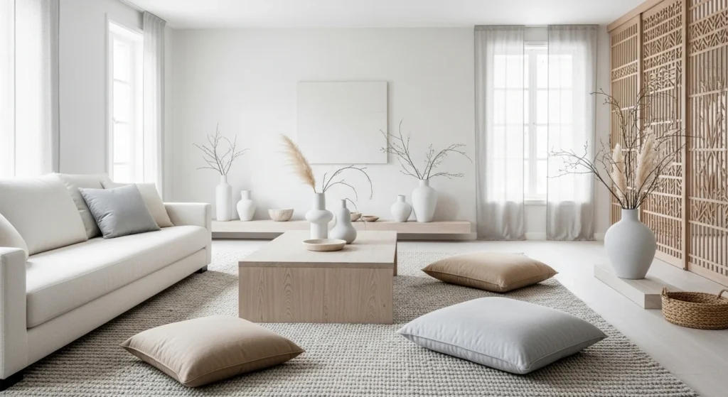 Japandi-style white living room with low seating, light wood elements, and calm neutral tones