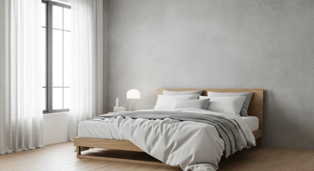 Neutral bedroom featuring subtle concrete textures balanced with soft bedding and warm tones