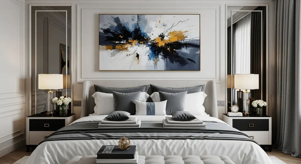 Luxury bedroom featuring statement artwork above the bed, refined decor, and modern elegant styling