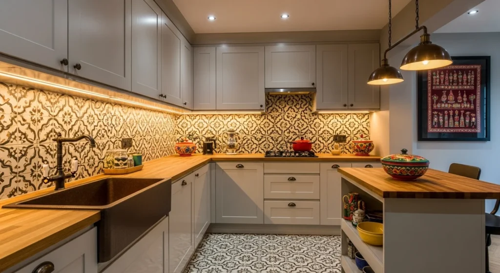 Kitchen combining vintage-style tiles with modern cabinetry for a timeless mixed look