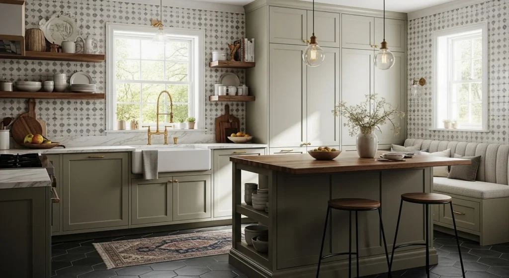 Kitchen blending classic tiles with modern cabinets for a warm and stylish fusion look