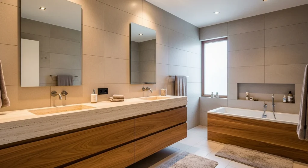 Bathroom with natural wood vanity, neutral tiles, and warm modern styling