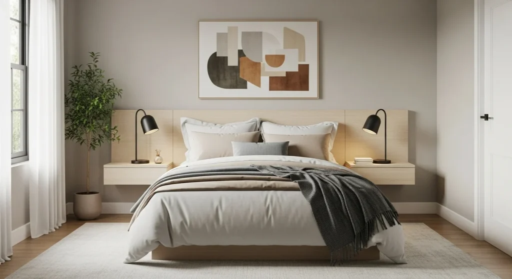 Small bedroom with a slim minimalist headboard in neutral tones and modern styling