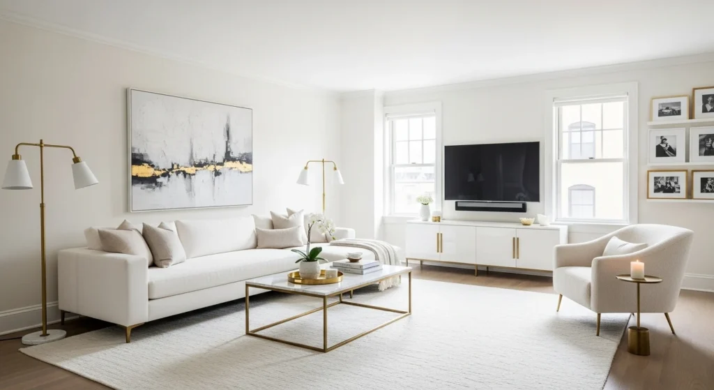 White living room with subtle brass accents, modern furniture, and refined styling