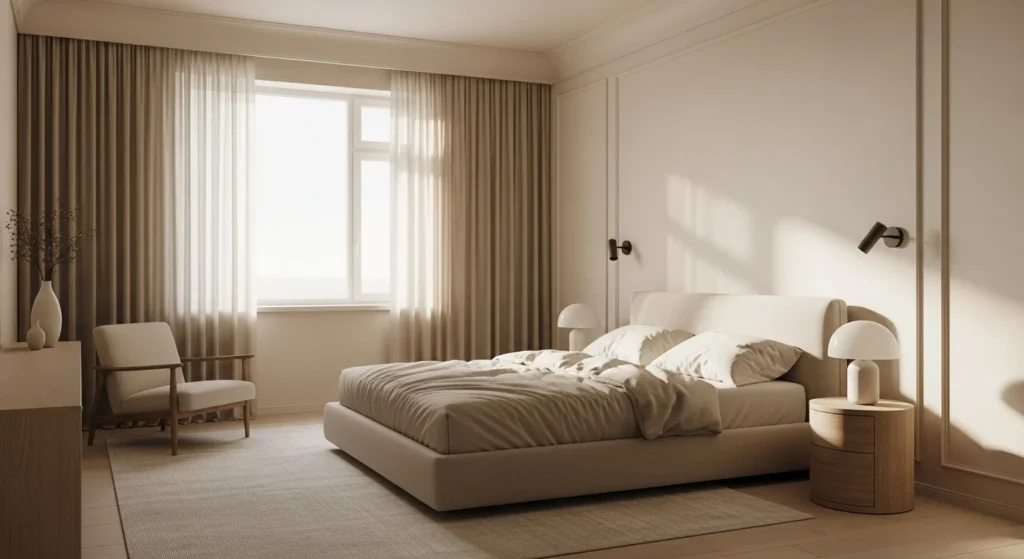 Neutral bedroom designed as a calm retreat with soft beige tones and peaceful lighting