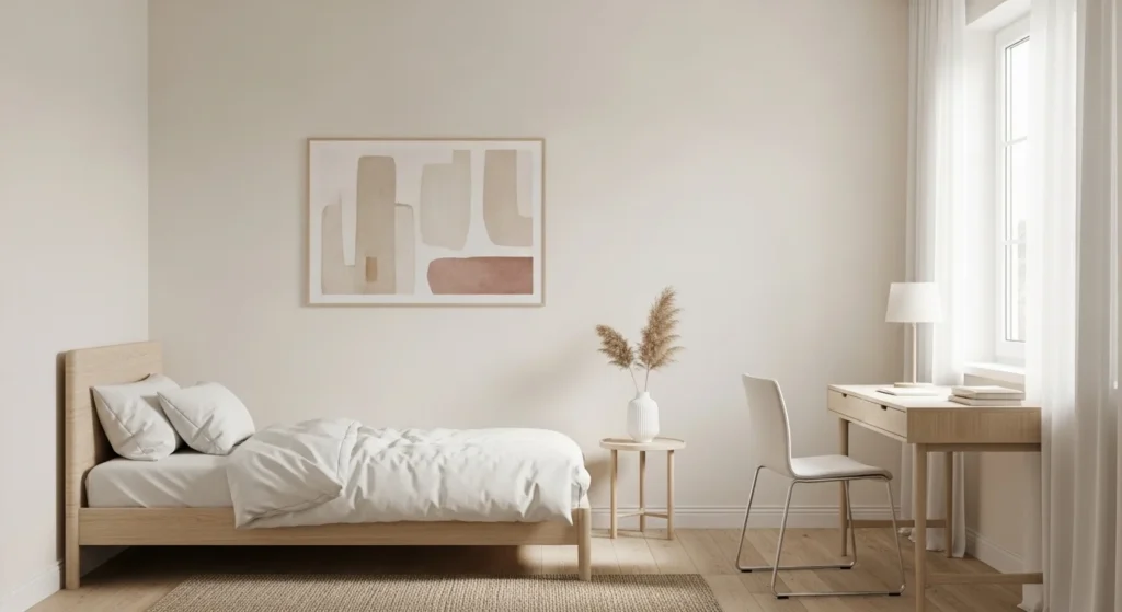 Calm teen girls bedroom with minimal decor, neutral palette, and peaceful lighting