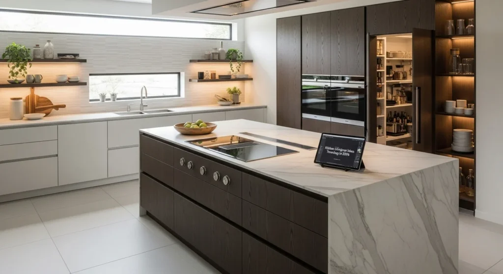 Kitchen designer ideas trending in 2026 featuring custom cabinetry, modern layouts, premium finishes, and stylish contemporary kitchen design