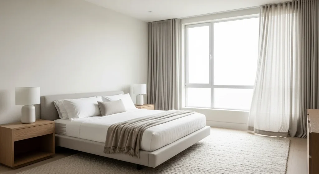 Serene luxury master bedroom designed as a sanctuary with soft neutral tones, minimal furniture, and a peaceful mood