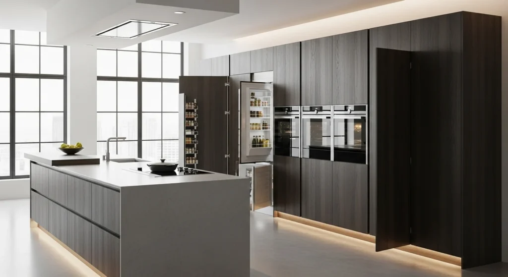 Modern kitchen featuring concealed storage, hidden pantry, and integrated appliances