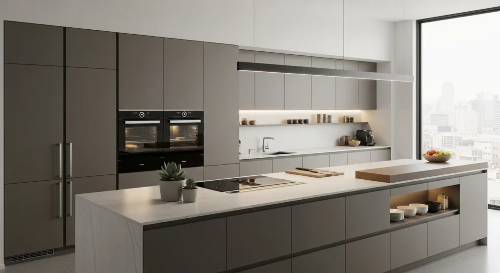 Modern kitchen with concealed storage, hidden pantry, and integrated appliances