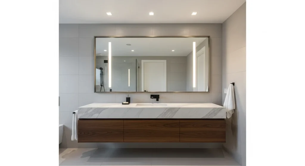 Bathroom featuring an oversized statement mirror above a modern vanity with elegant lighting