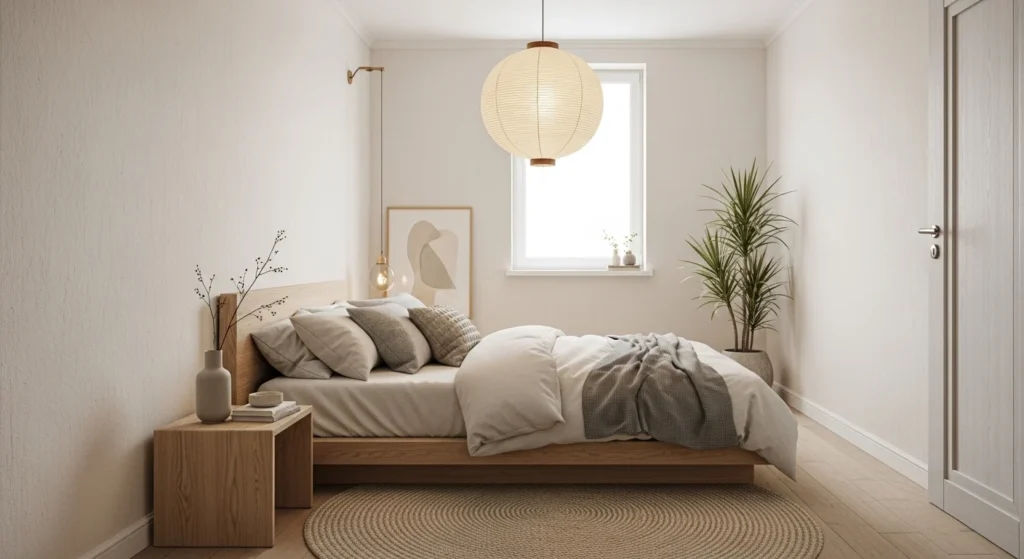Japandi-style small bedroom with low bed, light wood elements, and calming neutral color