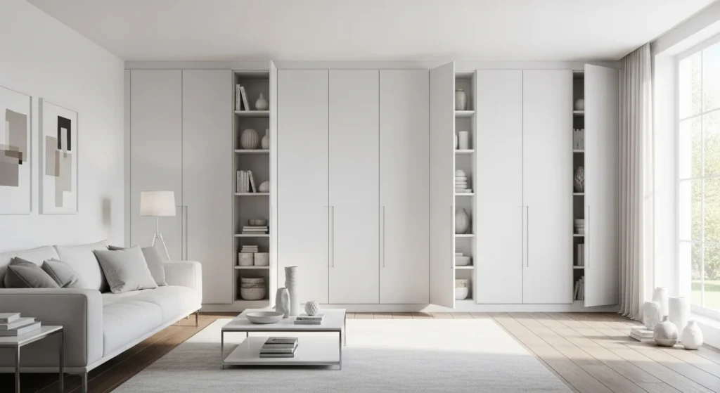 White living room with seamless built-in storage cabinets and a clean modern design