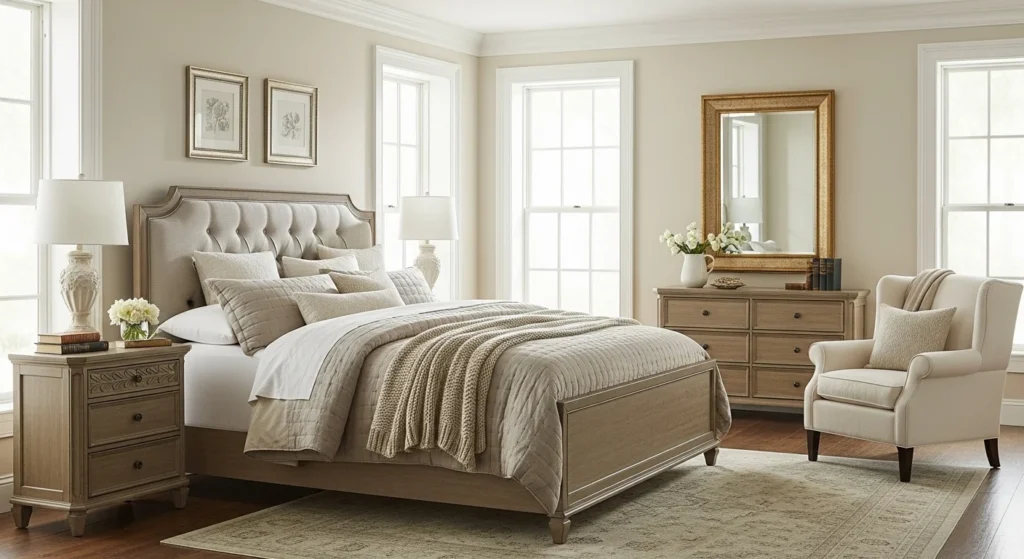 Timeless neutral bedroom with balanced beige and cream tones, classic furniture, and natural light