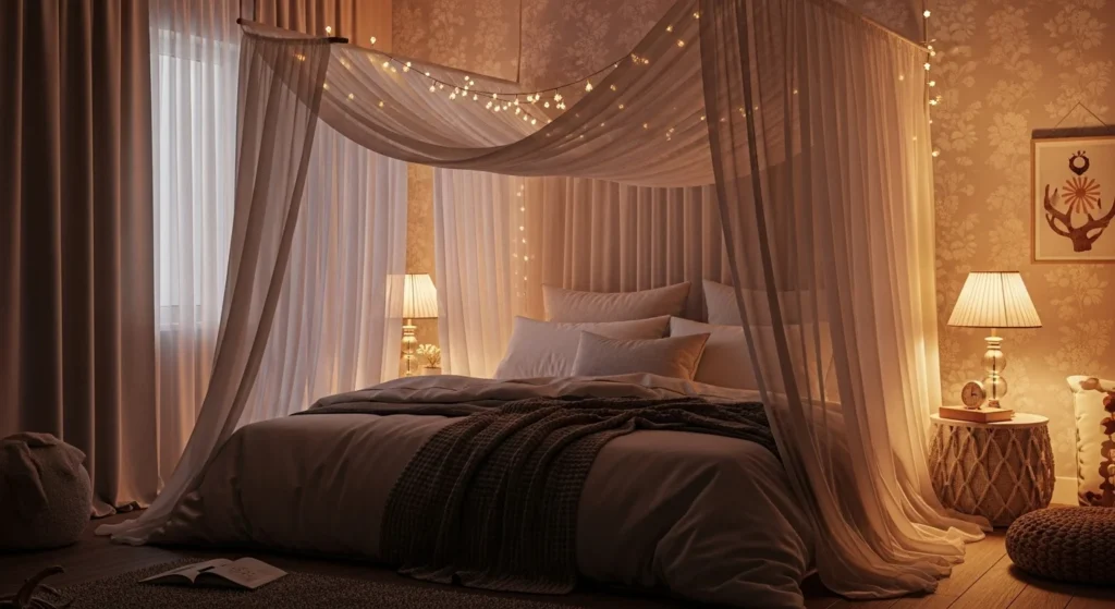 Girls bedroom featuring a soft canopy bed with sheer fabric and romantic cozy lighting