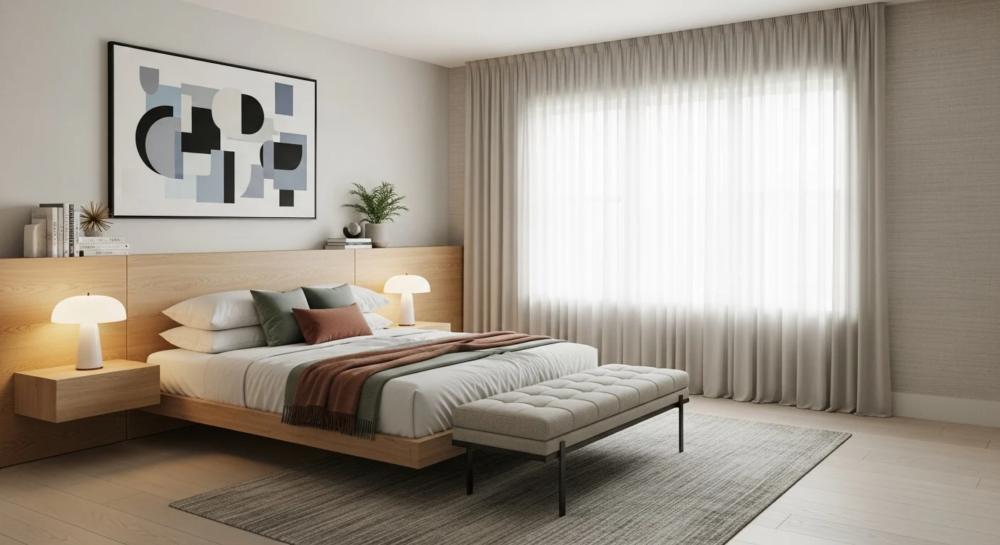 Bedroom design ideas for 2026 featuring fresh modern styles, soft color palettes, layered textures, and a calm contemporary interior