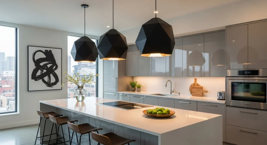 Modern kitchen featuring bold pendant lighting over the island creating a stylish focal point