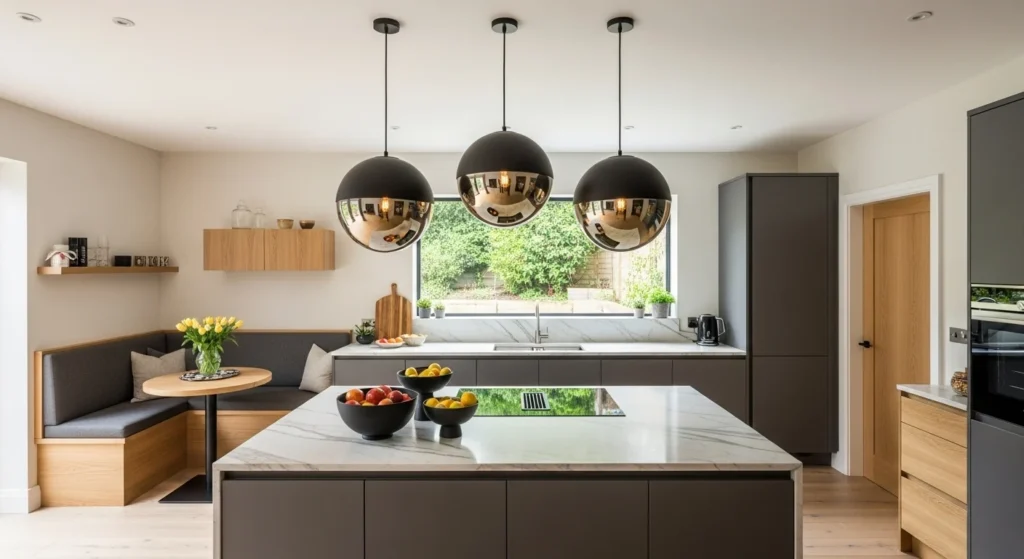 Designer kitchen with sculptural pendant lights over the island creating a stylish focal point