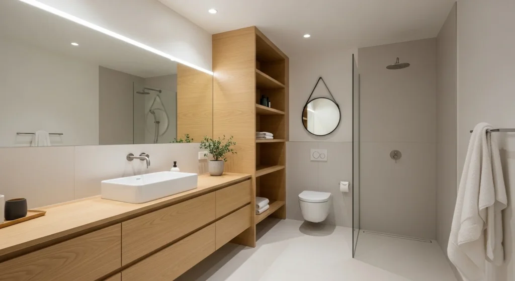Japandi-style bathroom with light wood, neutral tones, minimalist fixtures, and serene atmosphere