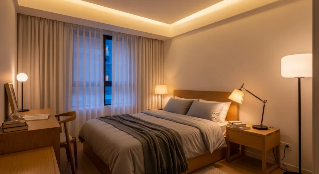 Small bedroom with layered smart lighting creating a warm and relaxing atmosphere