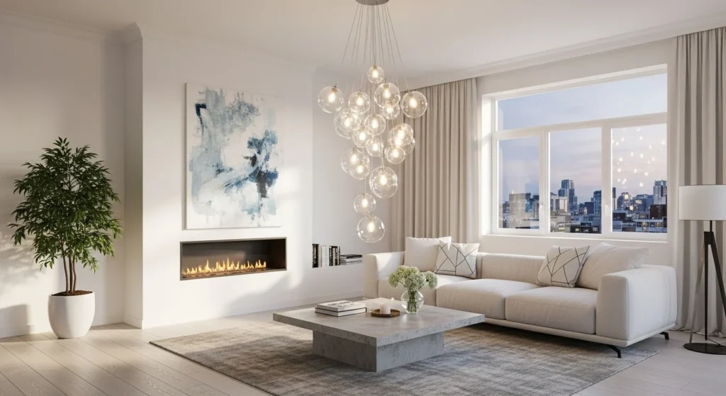 White living room featuring a statement lighting fixture that adds style without clutter