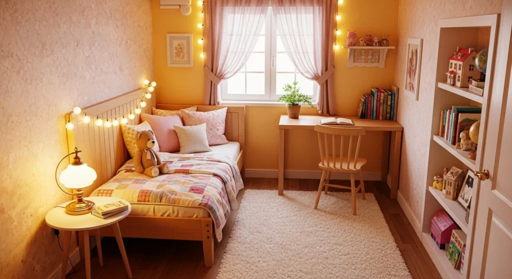 Small girls bedroom designed with warm colors, compact furniture, and an inviting atmosphere