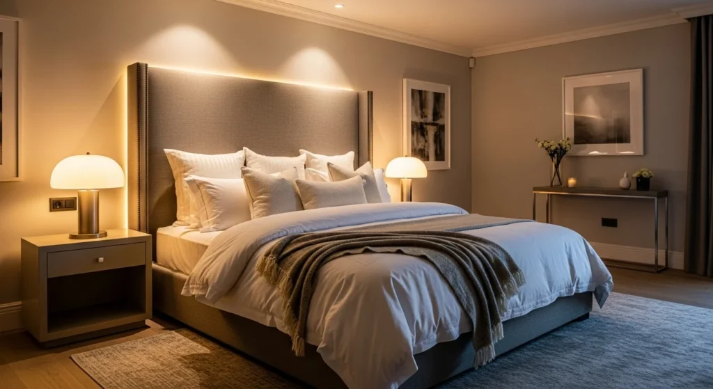 Luxury hotel-style master bedroom with layered bedding, upholstered headboard, bedside lamps, and warm ambient lighting