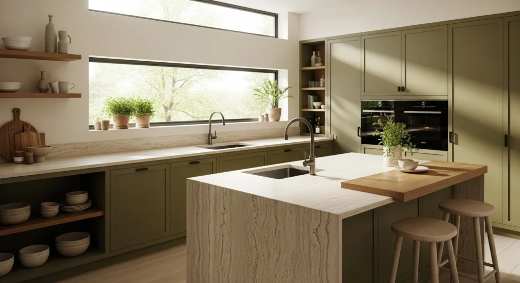 Modern kitchen featuring olive green cabinets, stone countertops, and warm earthy color tones