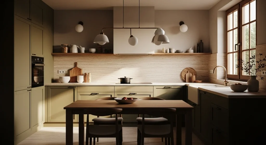 Modern kitchen featuring olive green cabinets, stone countertops, and warm earth-tone colors