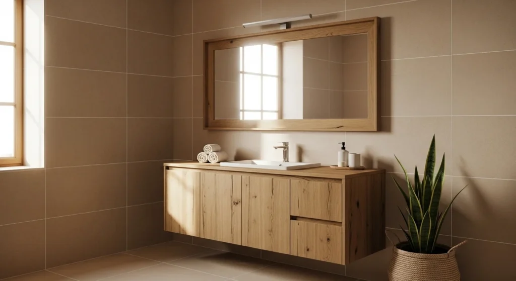 Bathroom designed with warm beige and sand tones, wooden vanity, and soft natural light