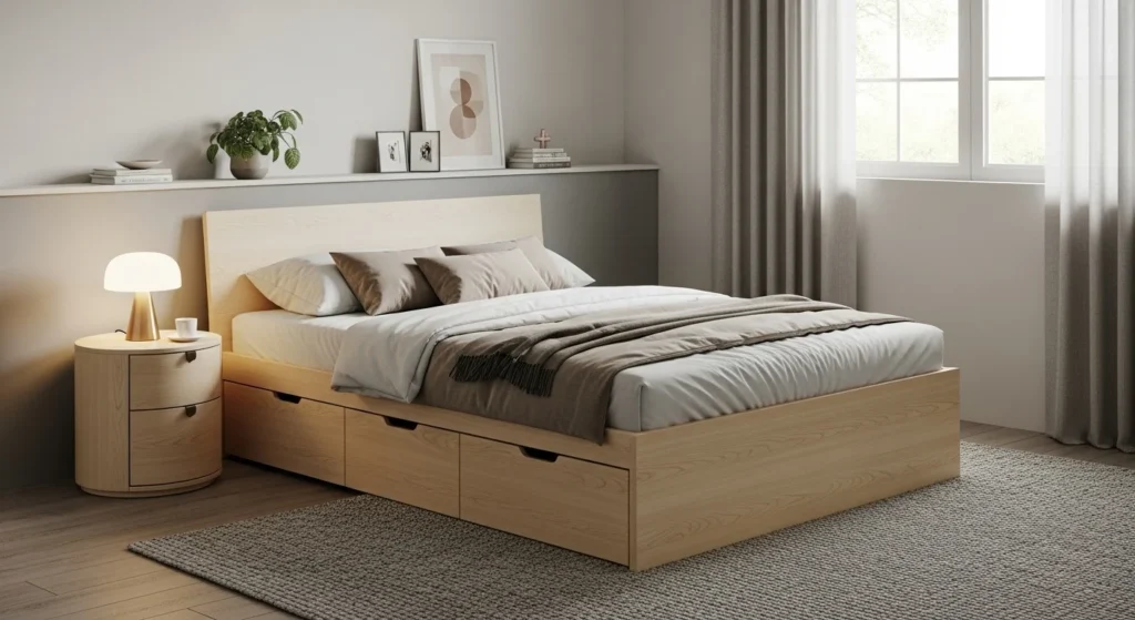 Small bedroom featuring a modern storage bed with built-in drawers and a clean, functional layout