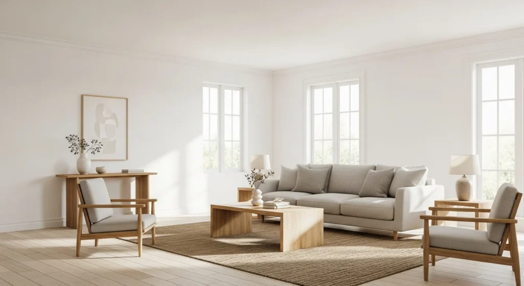 White Living Room with Natural Wood Accents
