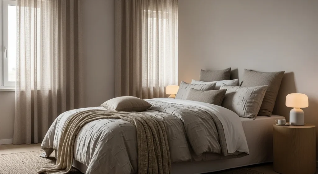 Neutral bedroom layered with cream, taupe, and sand tones creating a calm and refined look